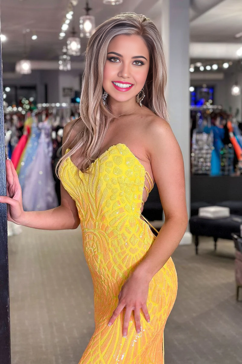 Mermaid Strapless Yellow Sequins Long Prom Dress